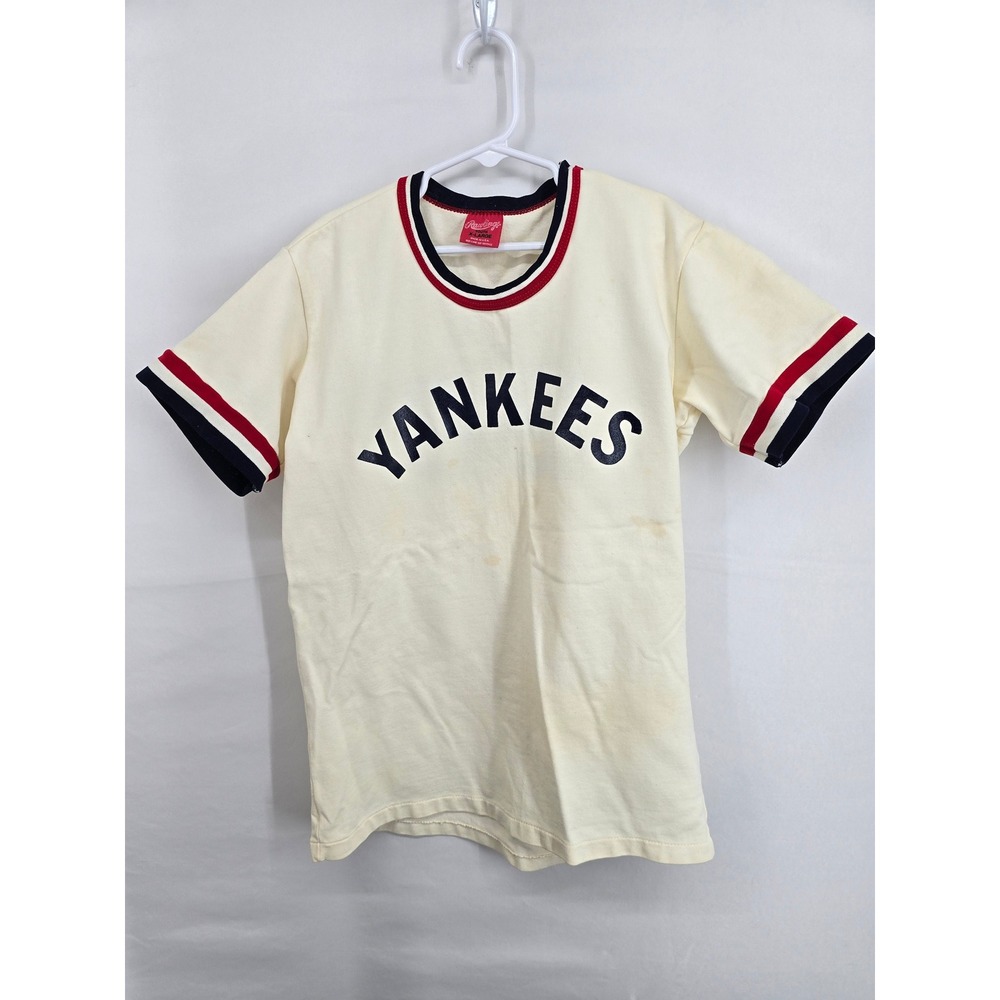 Rawlings New York Yankees Youth XL Jersey T-Shirt Cream Navy 28 Made in USA